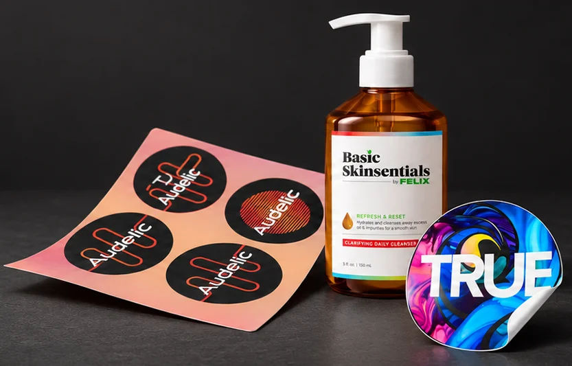 Custom die-cut stickers and product label printed with a Roland DG sticker printer