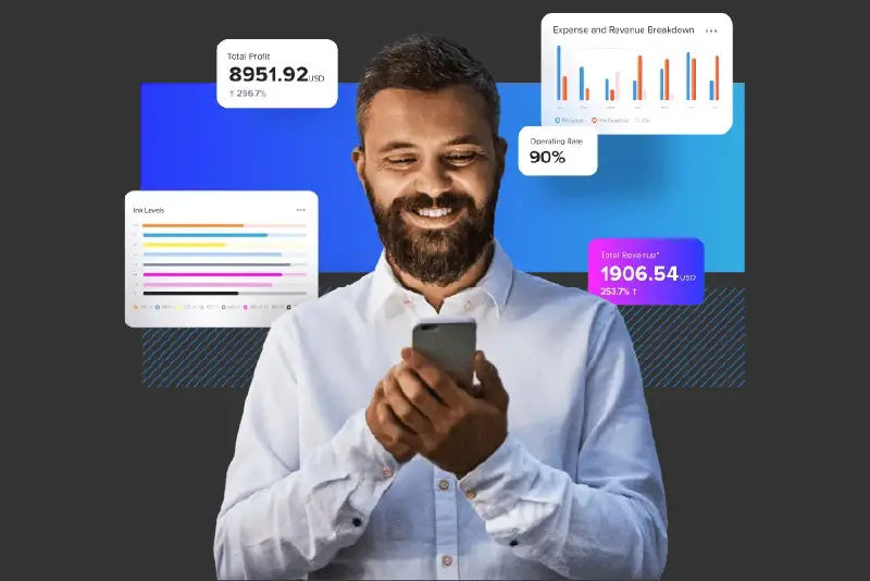 Image shows a happy person using the Roland DG Connect app on his smartphone, and shows the data screens in the background of what he sees on his screen