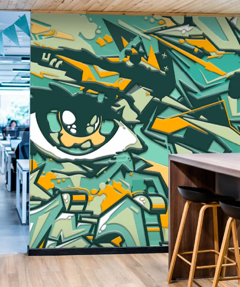 Modern office interior with bold, textured wall graphic printed using DIMENSE DA-640, featuring layered graffiti-style artwork that enhances workplace creativity and brand expression