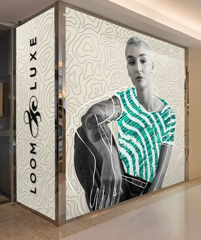 Impactvol retaildisplay met reliëfwandafbeelding geprint met DA-640, met getextureerde achtergrond en modeportret voor Loom & Luxe storefront branding