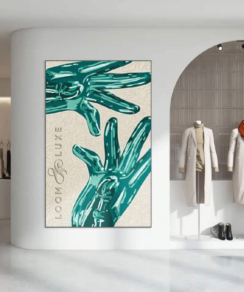 Frameless SEG fabric display featuring embossed teal hand design printed with DA-640, mounted in a luxury retail showroom to showcase high-resolution, edge-to-edge textured graphics