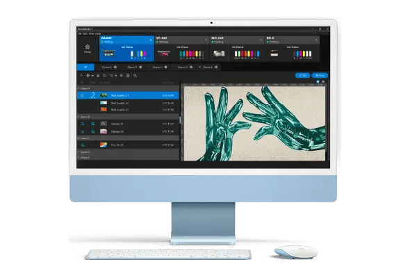 Interfaz VersaWorks 7 con cola de impresión, vista previa texturizada DA-640, colores especiales y datos variables