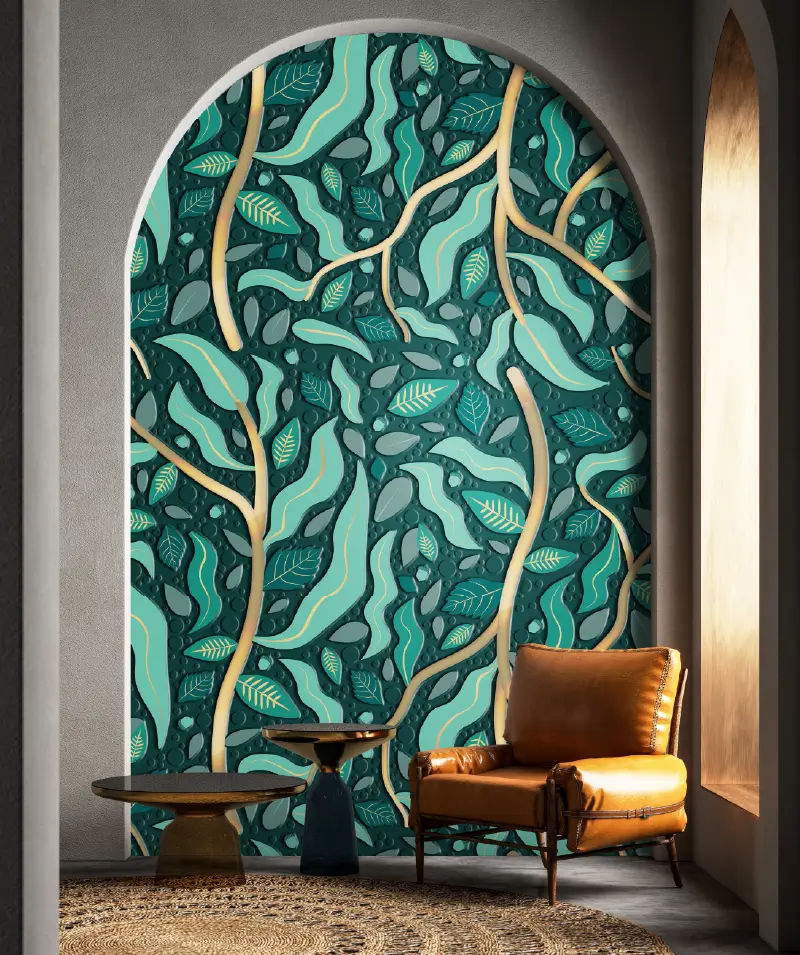 Botanisch 3D-behang met textuur in een modern interieur, geprint met de Dimense DA-640 grootformaat printer op waterbasis