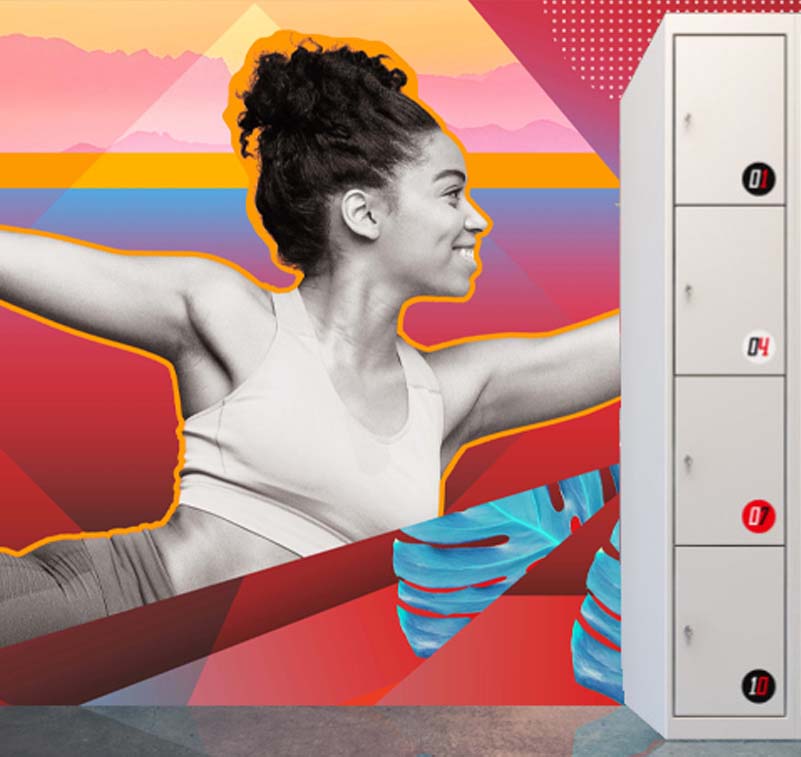 Image of wall art on the wall of a gym's locker room. The wall art graphics were produced with an DGXPRESS ER Series model from Roland DG