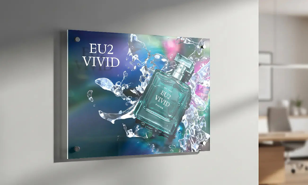 Panneau graphique en acrylique transparent avec visuels de produit imprimés UV