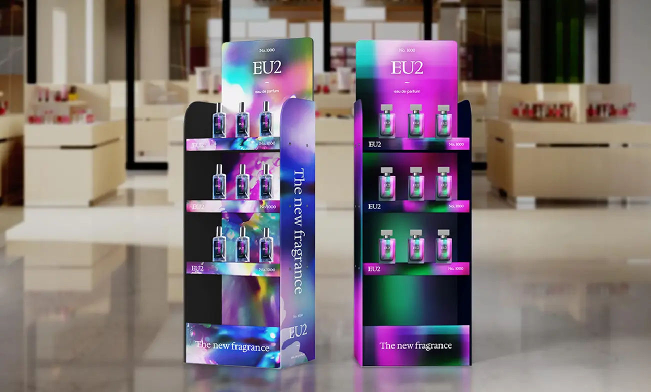 Retail product display stand with UV-printed branded graphics