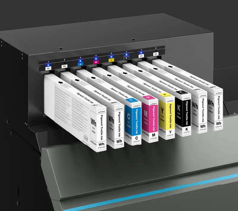 Close-up van de inktcartridges met de 4 witte inkten