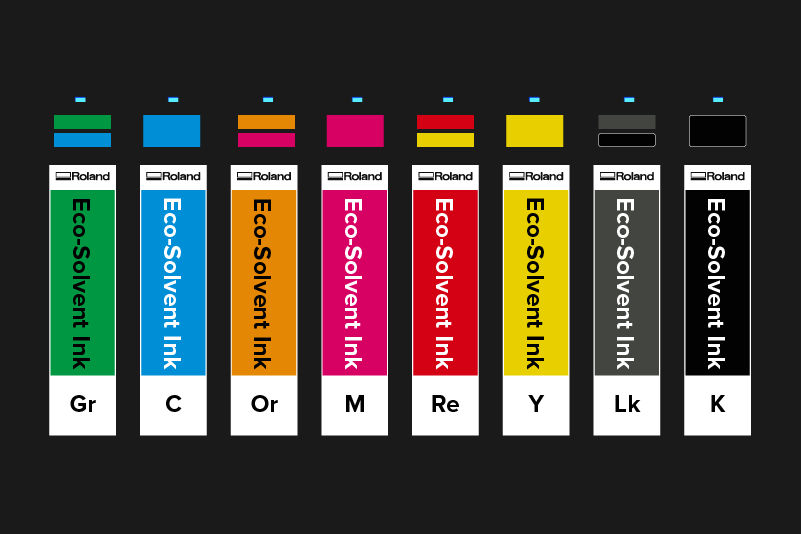 8-colour eco-solvent ink cartridge decals showing Gr, C, Or, M, Re, Y, Lk and K inks