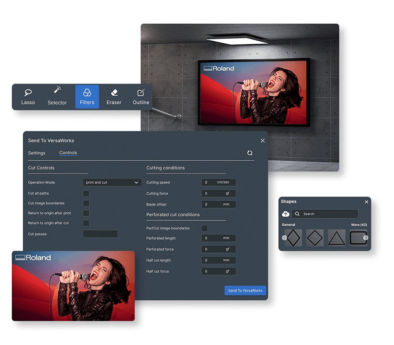 Roland DG Connect Designer ve Şarkı Söyleyen Bir Kadının Duvar Tabelası