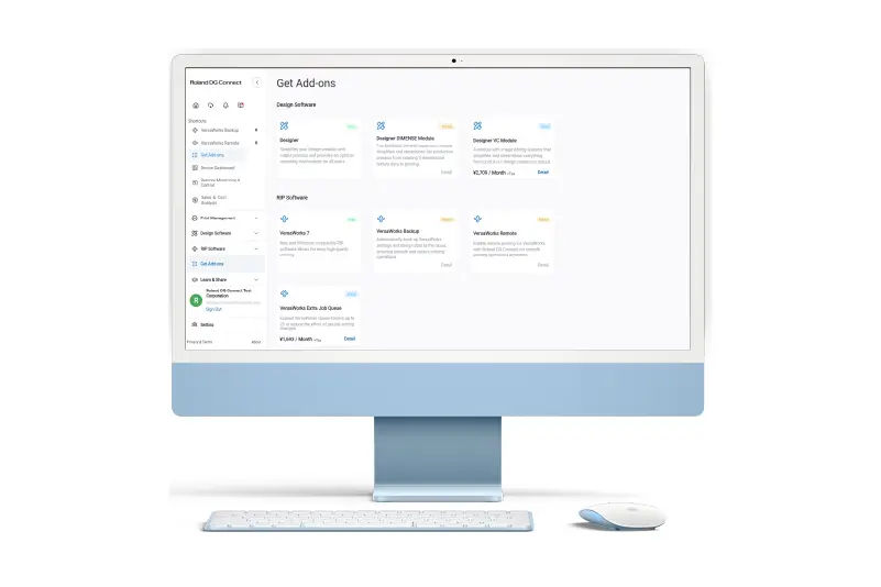 Baskı iş akışı verimliliği ve güvenilirliği için VersaWorks 7 eklentilerini gösteren Roland DG Connect arayüzü.
