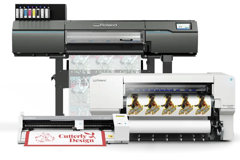 A selection of Roland DG t-shirt printing machines