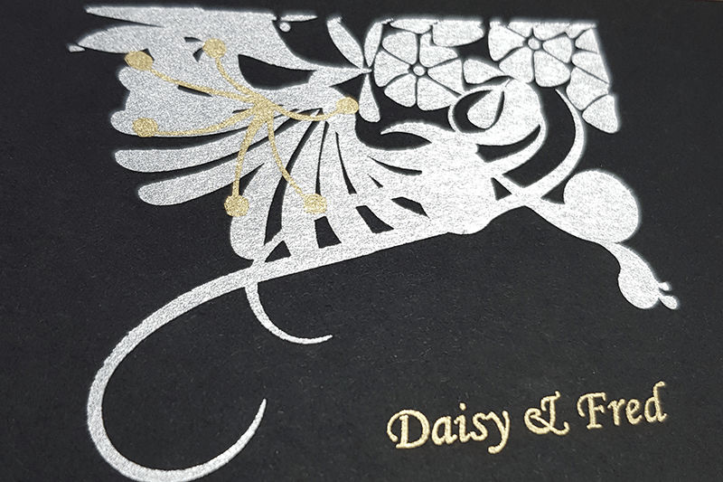 Personalised foil decorated wedding placemarkers