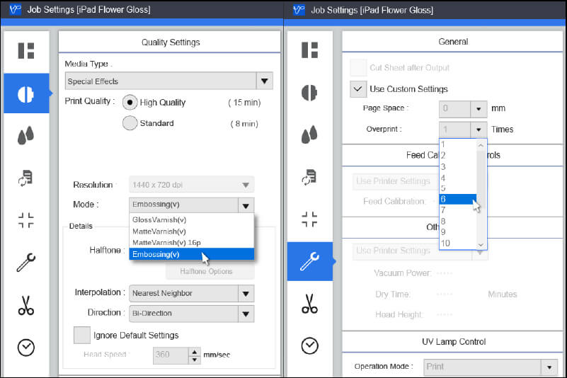 Selecting Embossing mode and adding more passes with the Overprint function
