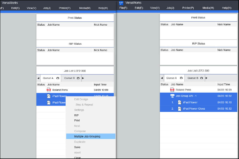 SUsing the Job Grouping function to group jobs together in VersaWorks