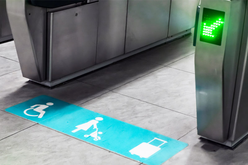 A floor sticker in a high foot traffic area