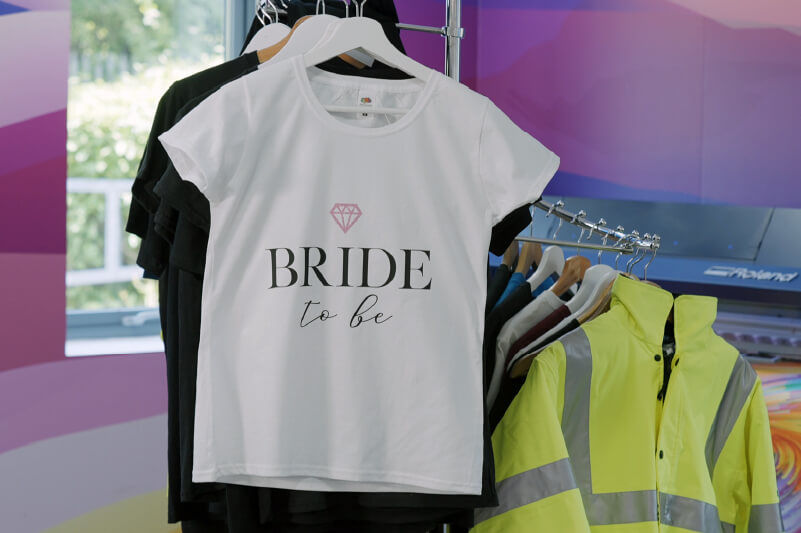 A hen party t-shirt with two types of vinyl