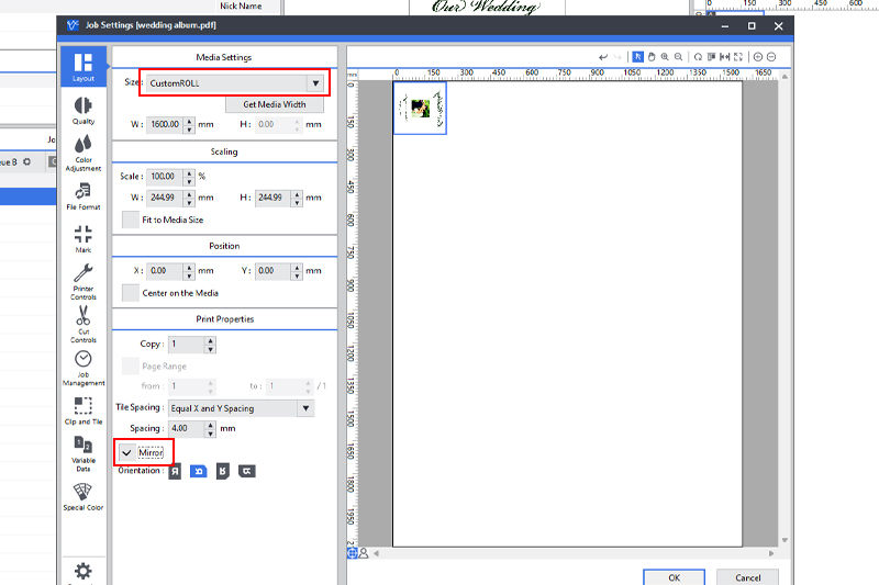 Media settings highlighted in VersaWorks 6
