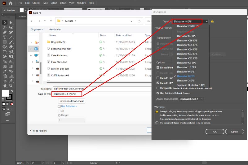 View of how to save an Illustrator EPS 8 file