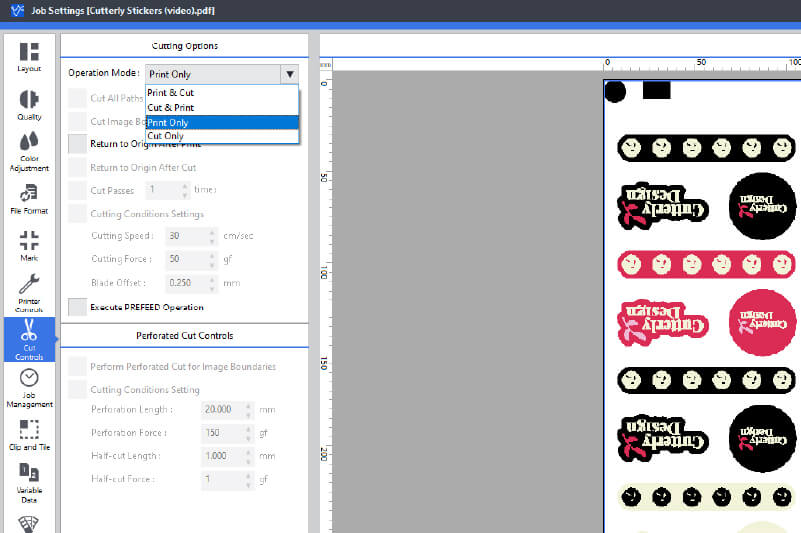 Adjusting VersaWorks cut settings to 'print only'