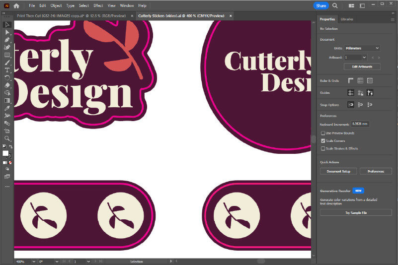 Motivo dell'adesivo in Adobe Illustrator con linee di taglio e area di margine