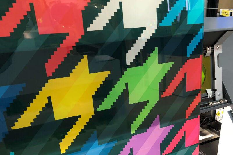 Glass splashback direct-printed with a flatbed UV printer.