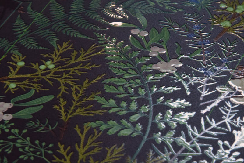 Gloss ink details on a printed floral pattern