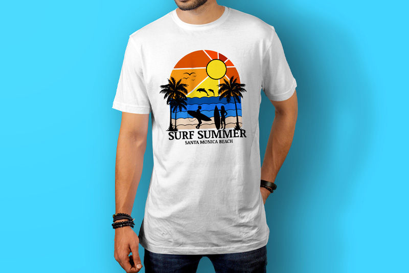 A person wearing a white shirt with a printed design