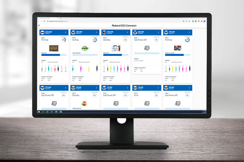 A computer screen showing multiple devices on the Roland DG Connect app