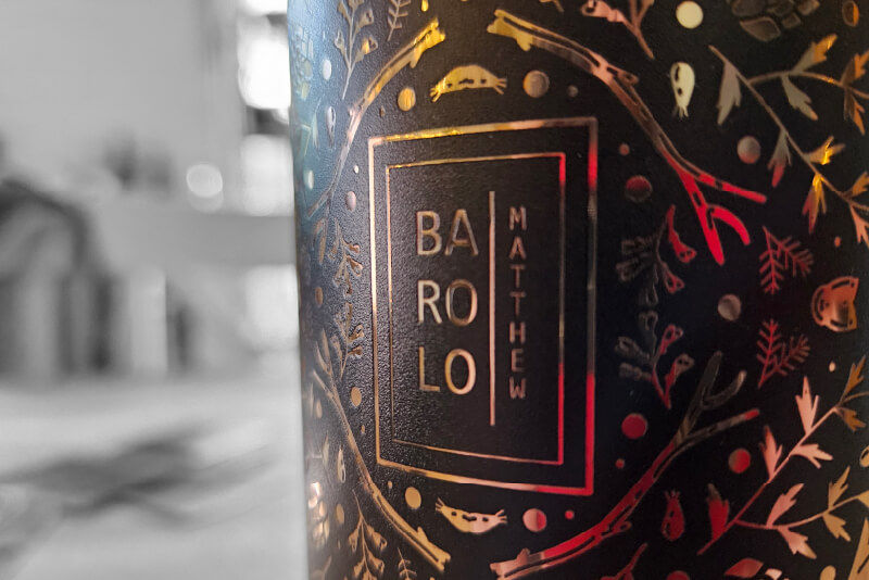 A personalised wine bottle label produced with a digital UV printer/cutter.