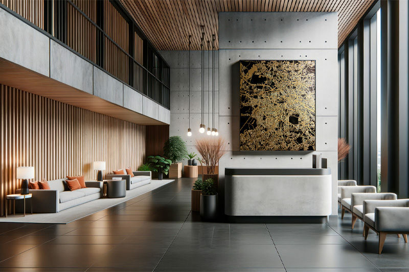 Hall d’entrée d’un hôtel avec un grand tableau accroché au mur