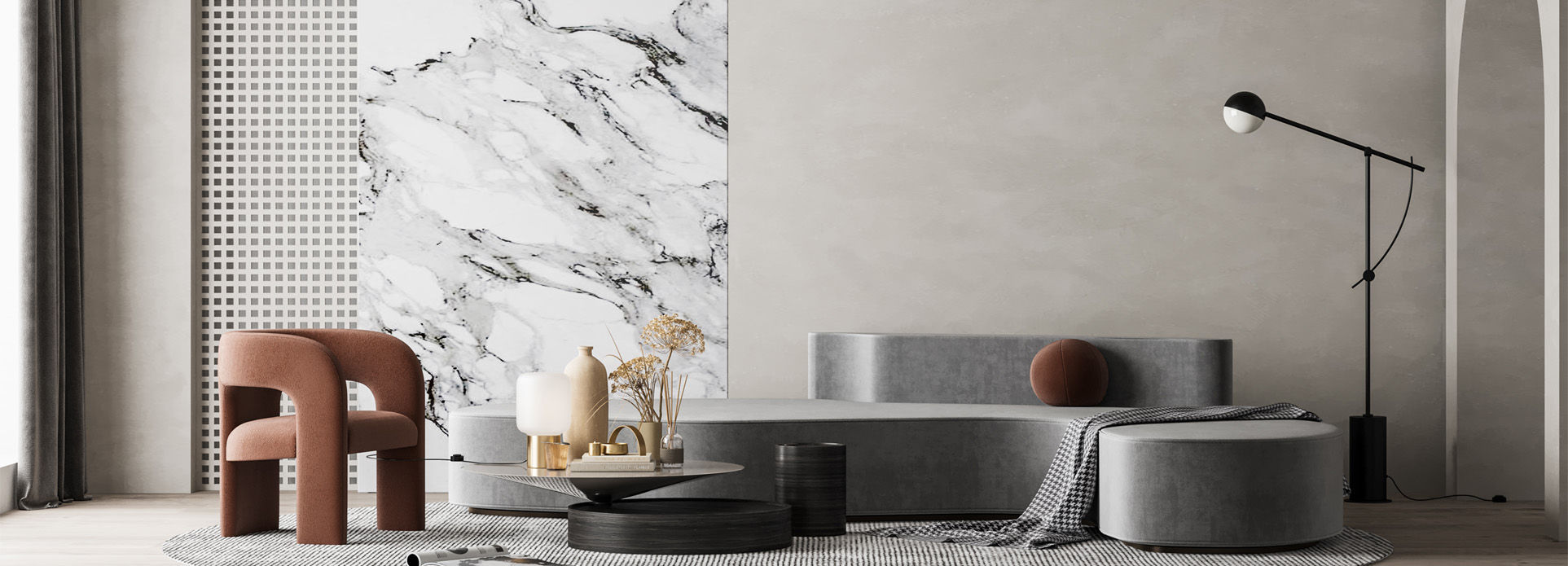 A room with marble-effect wall art