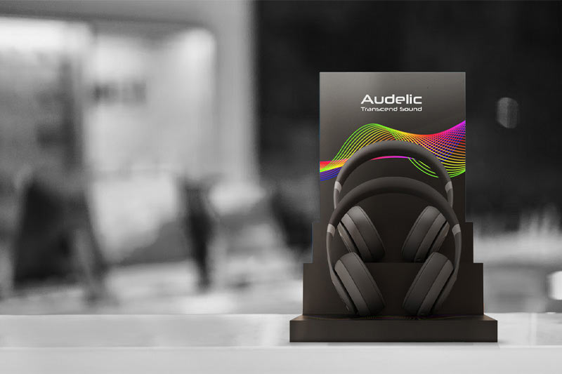 Un expositor para puntos de venta con una marca de auriculares