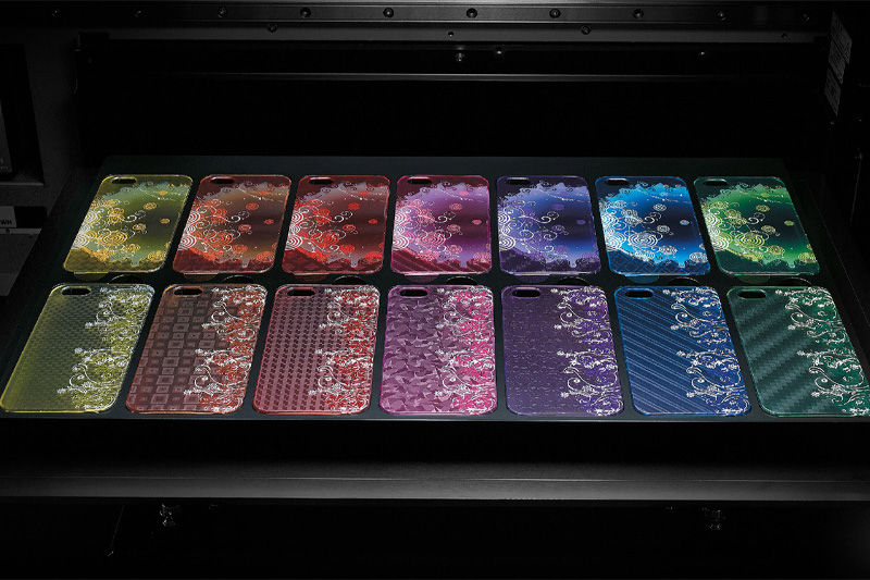 Multiple phone cases printed on a jig