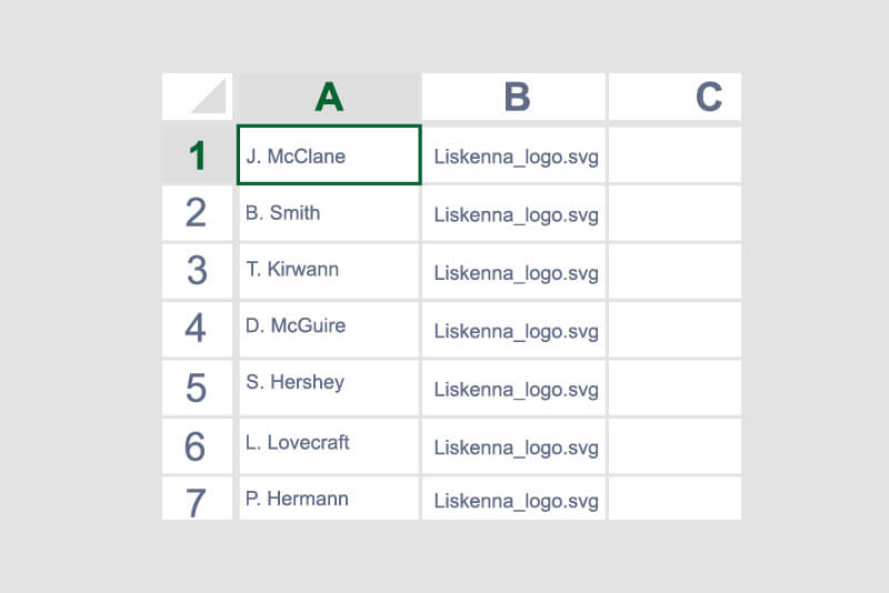 Simplified spreadsheet containing text data