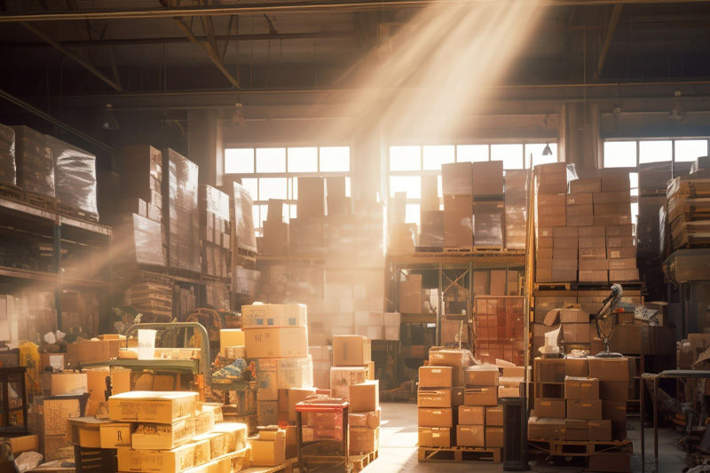 A busy warehouse stacked high with boxes