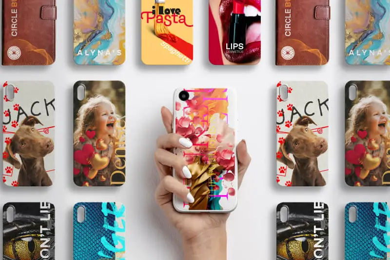 Assortiment gepersonaliseerde telefoonhoesjes bedrukt met de MO-180 UV-vlakbedprinter