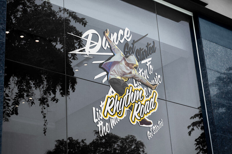 Full colour window graphic featuring a skateboarder 