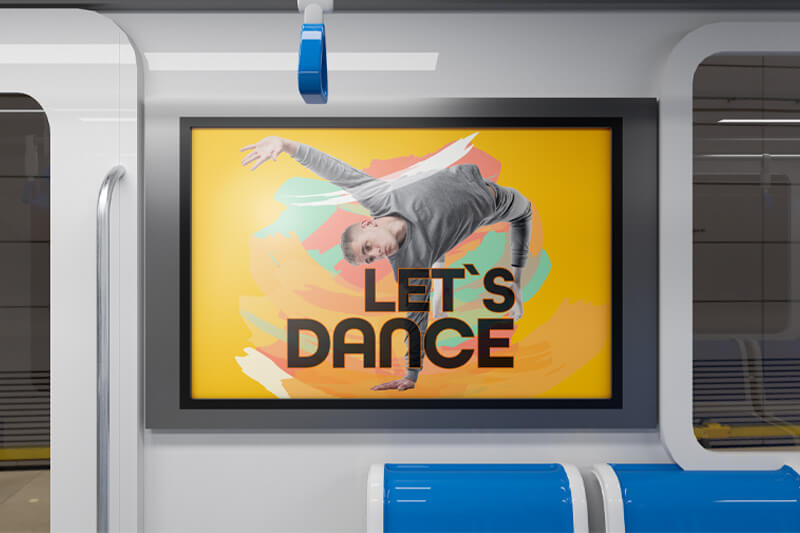 A large poster displayed on a train