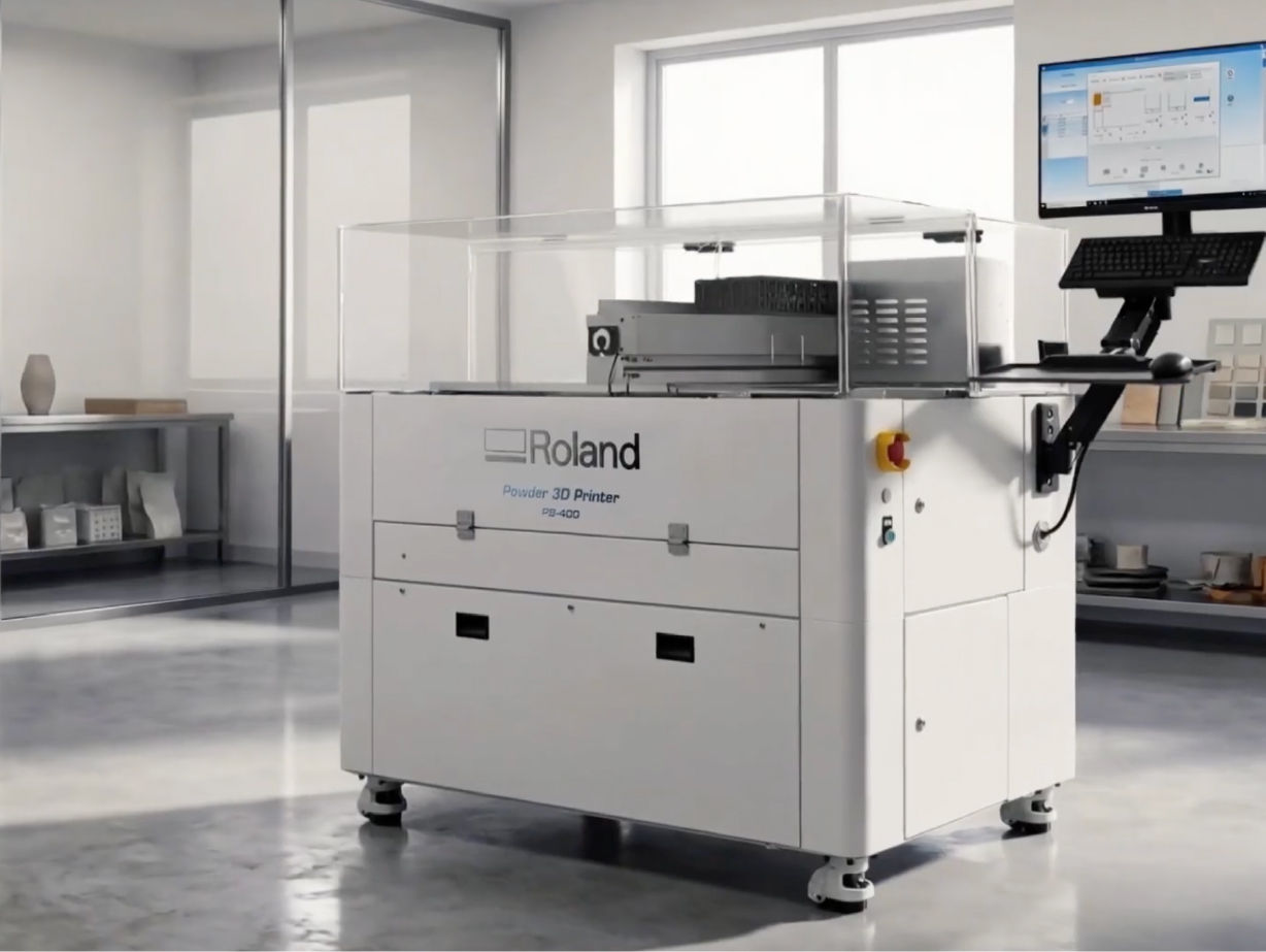 Impresora de polvo 3D PB-400 de Roland DG instalada en un entorno de producción de cerámica. 