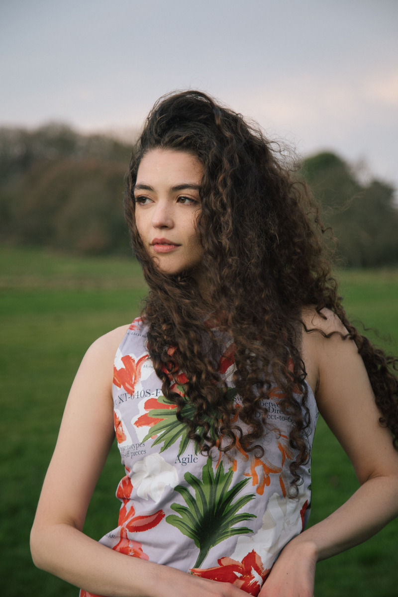 Closeup of a model wearing the dress printed with Roland Texart XT640SF