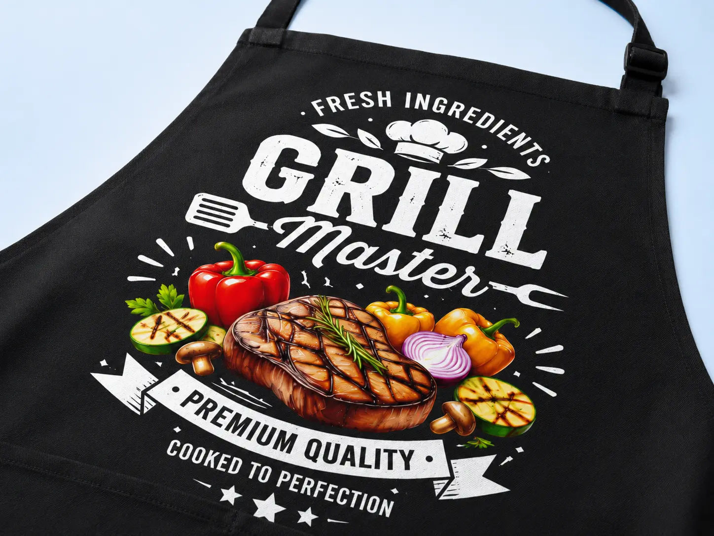 Apron printed with colours and white inks