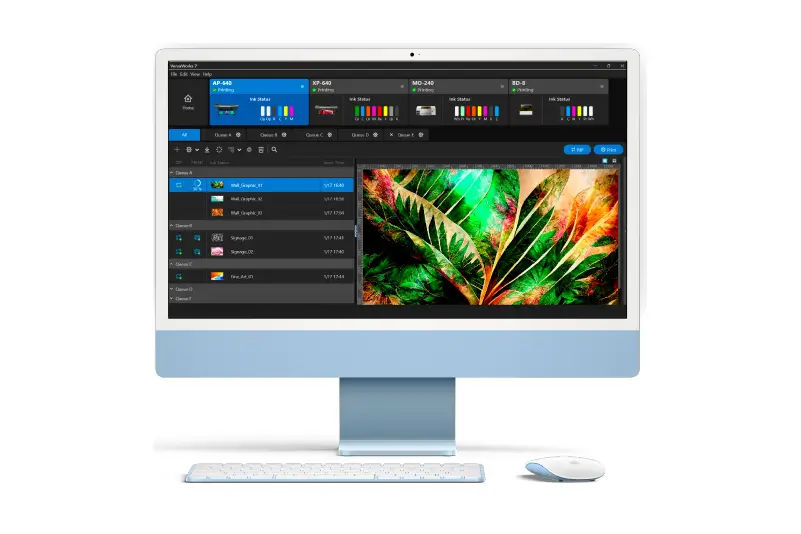 Download gratuito del software RIP VersaWorks 7 da Roland DG, mostrato in esecuzione su Mac con un'anteprima di stampa dai colori accattivanti.
