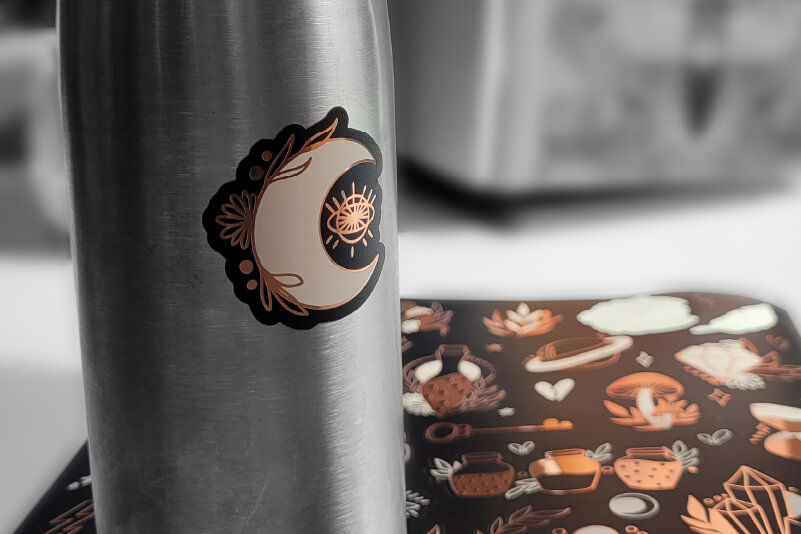 A sticker printed on metallic vinyl